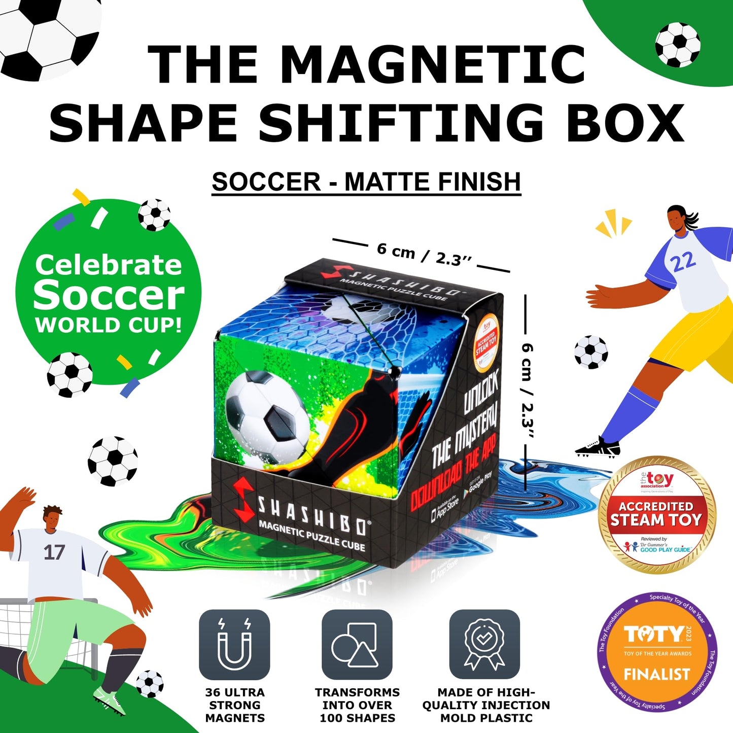 Shashibo Shape Shifting Box – STEM Fidget Toy with Ultra Strong Magnets, Puzzle Cube Transforms into 100+ Shapes, Sensory Gift for Kids, Teens, and Adults (Soccer)