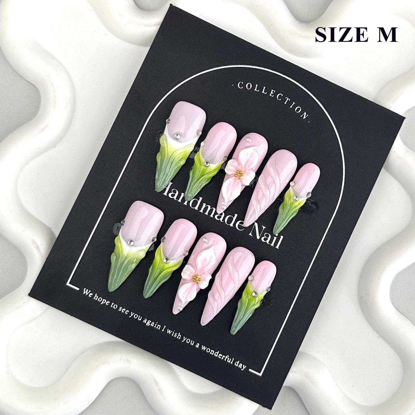 LIFOOST Nails Handmade Press On Long Stiletto Almond Artistic Petal Pink Green Fashion Artificial False Nail Tips 10 Pcs Set
