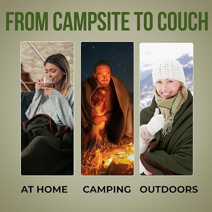 Whispering Winds 100% Wool Blanket - Large 60"x 84" Ultra Soft, Warm & Thick Camping Blanket, Outdoor Bushcraft, Survival, Military Green