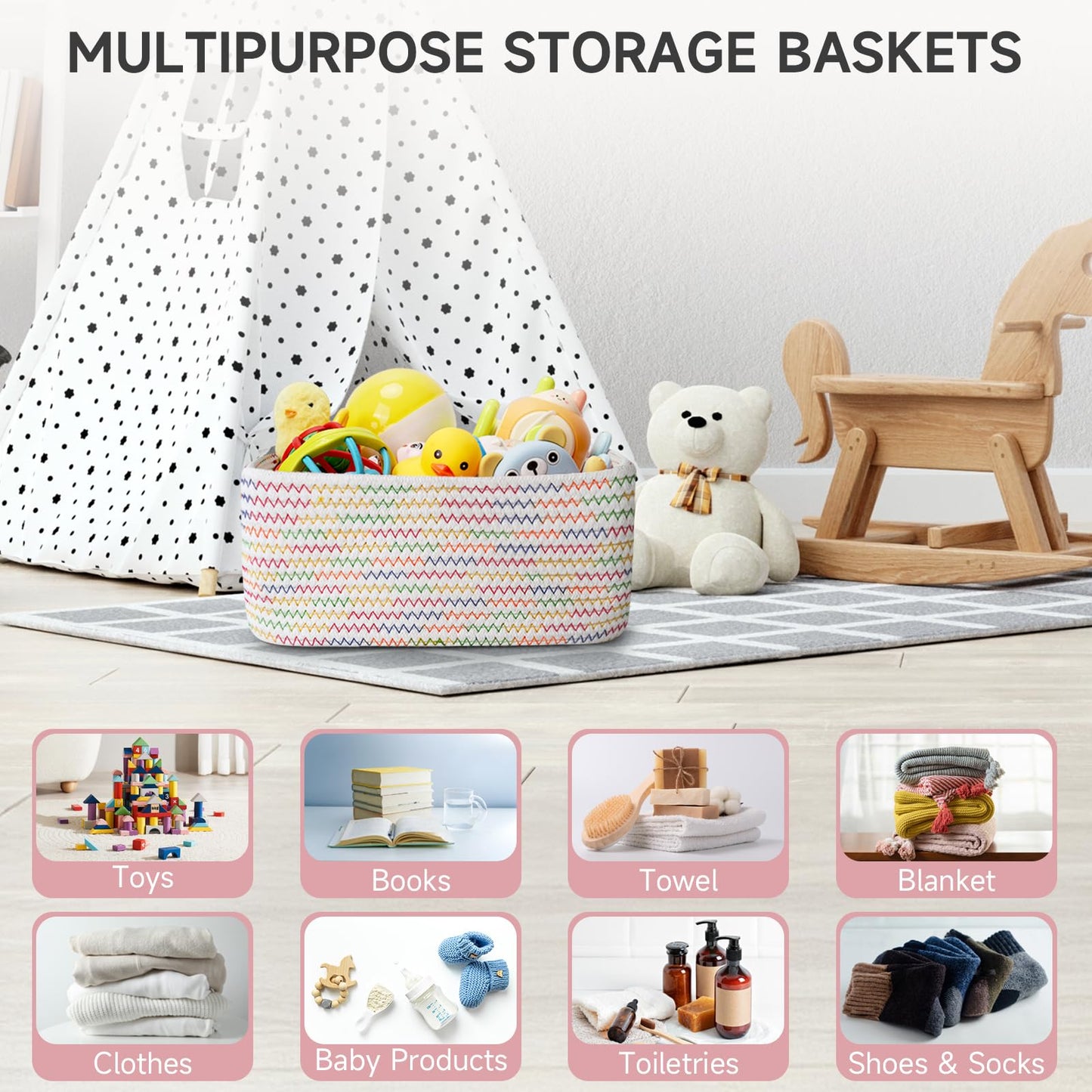 Maxuni 3-Pcs Shelf Baskets for Organizing, Closet Organizer Bins, Small Woven Baskets, Rope Toy Basket, Storage Basket for Shelves, Cube Decorative Box, 11.8×7.8×5.1”, Rainbow
