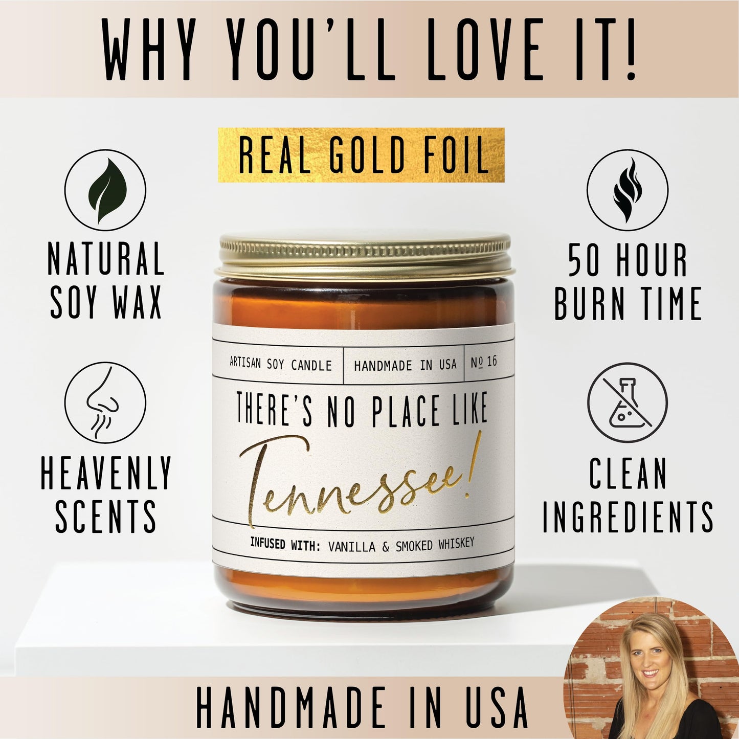 Tennessee Gifts, Tennessee Decor for Home - 'There's No Place Like Tennessee Candle, w/Vanilla & Smoked Whiskey I Tennessee Souvenirs I Tennessee State Gifts I 9oz Jar, 50Hr Burn, USA Made