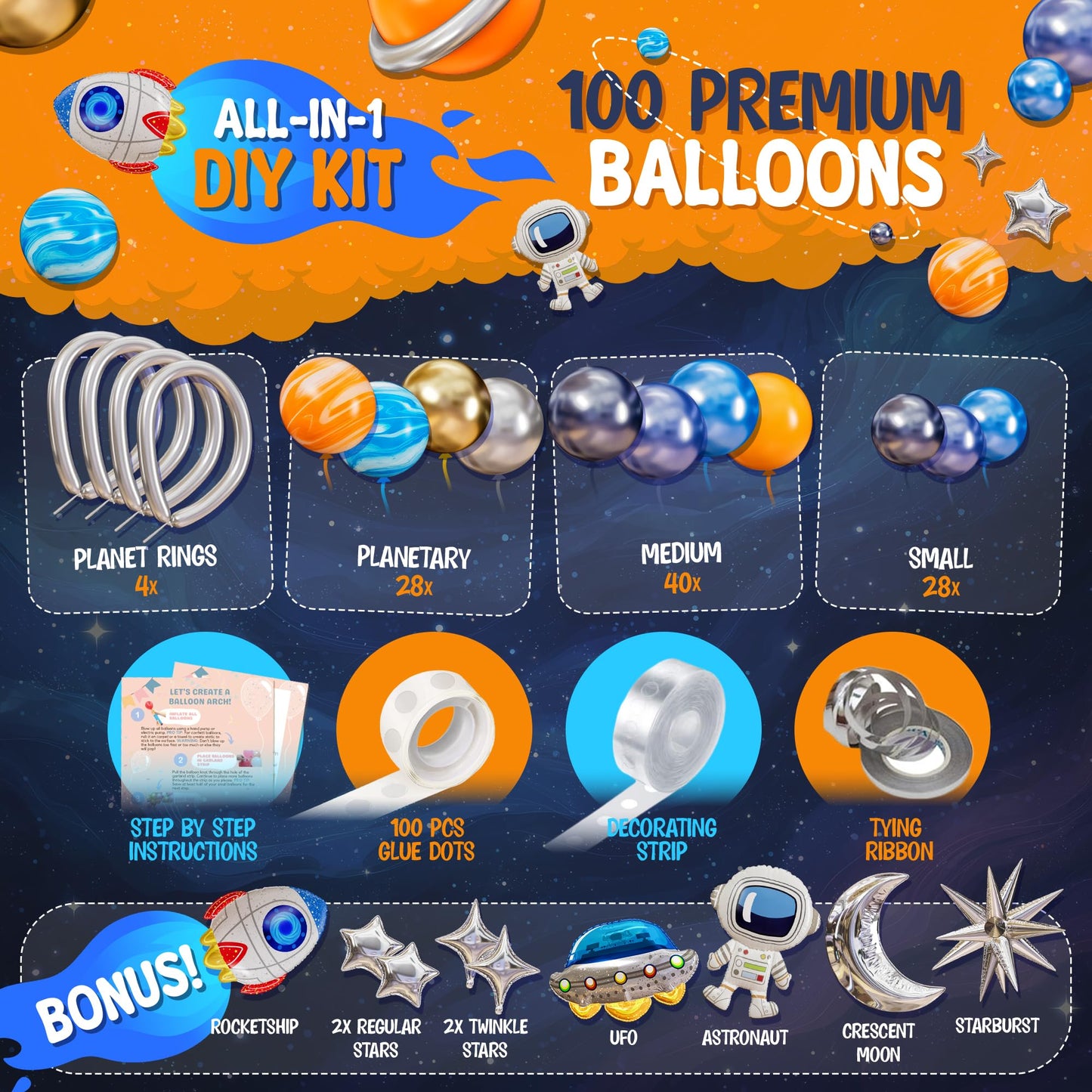 ALL-IN-1 Space Balloon Arch Kit with BONUS Specialty Foil Balloons for Outer Space Party Decorations - Galaxy Balloons for Galaxy Party Decorations, Astrobot, Astronaut Birthday Decorations