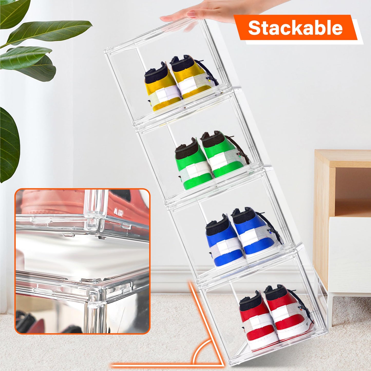2 Pack Drop Front Shoe Boxes Fit US Size 13, Acrylic Shoe Organizer Clear Stackable Sneaker Sotrage Box for Entryway, Home, Underbed, Multiple Display Cases for Cosmetic, Hats, Figures, Sneakers