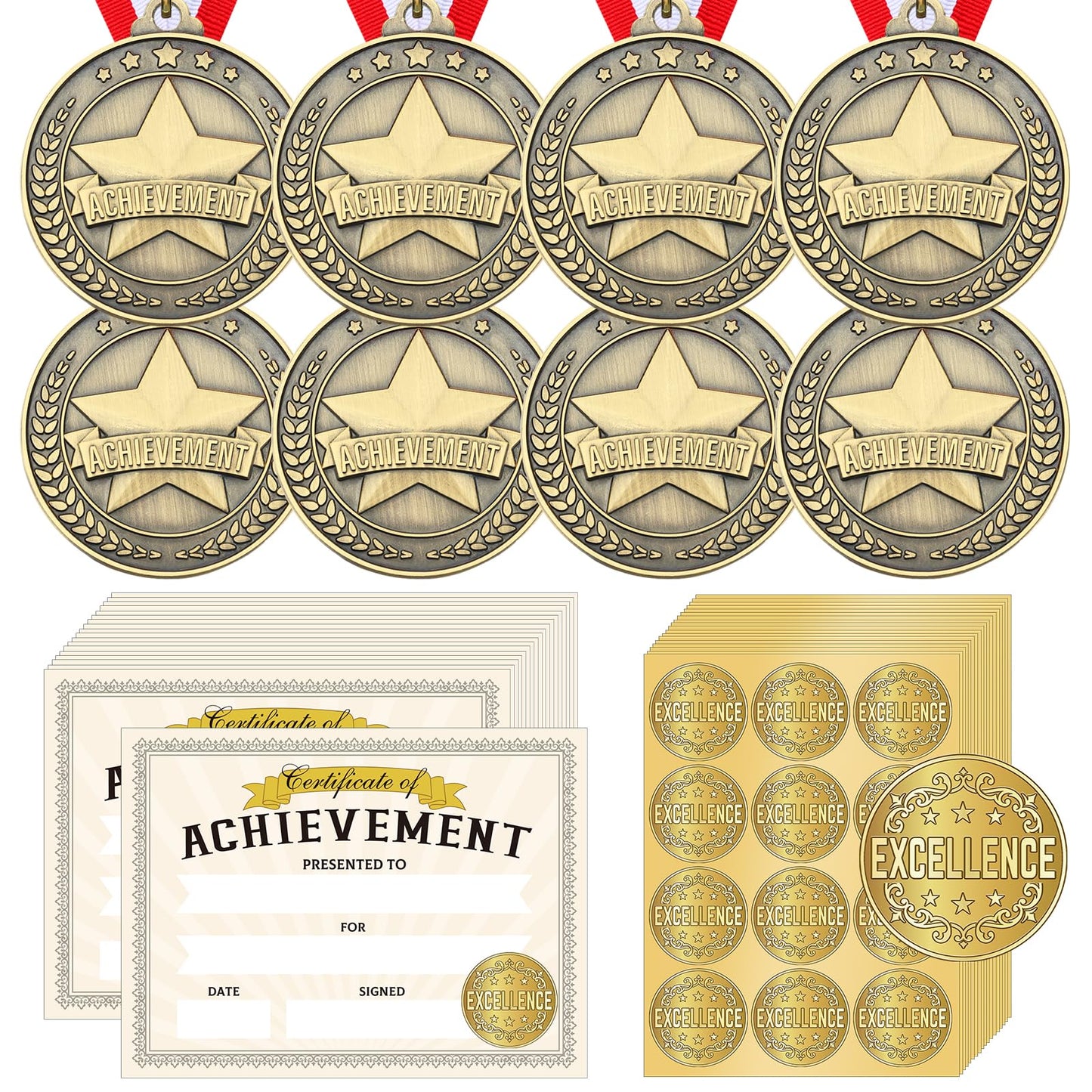Cunno 12 Set 2" Achievement Award Medals with Neck Ribbons Recognition Medals with Achievement Certificate Embossed Gold Stickers Prize Gift Kits for Tournaments Competitions Party Students