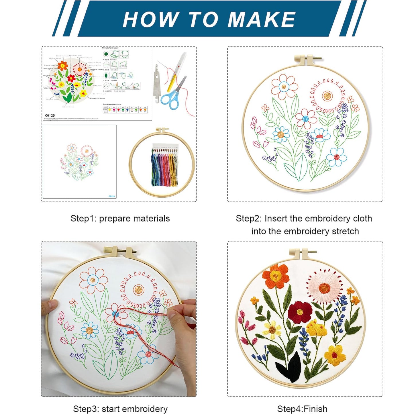 Zhenqing 4-Piece Floral Embroidery Kit for Beginners - Complete Set with Sunflower, Daisy Designs & Pre-Printed 29x29cm Cotton Fabric, Hoop, Threads & Tools(C0166)