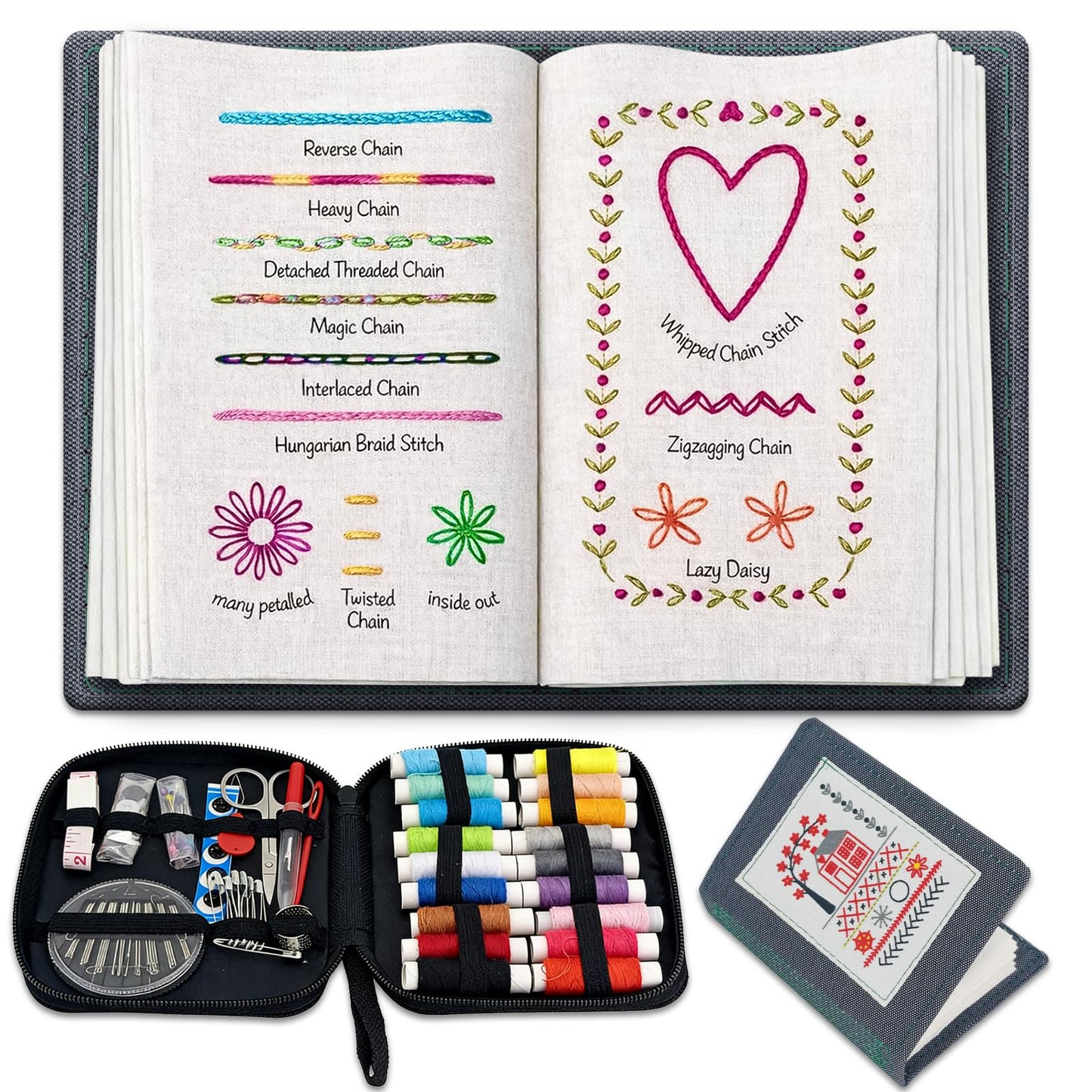 Pacify Embroidery Stitch Book Kit for Beginners, Portable Embroidery Stitch Book with Step-by-Step Guide, Sampler Patterns & Complete Tool Set for Adults Craft Lovers