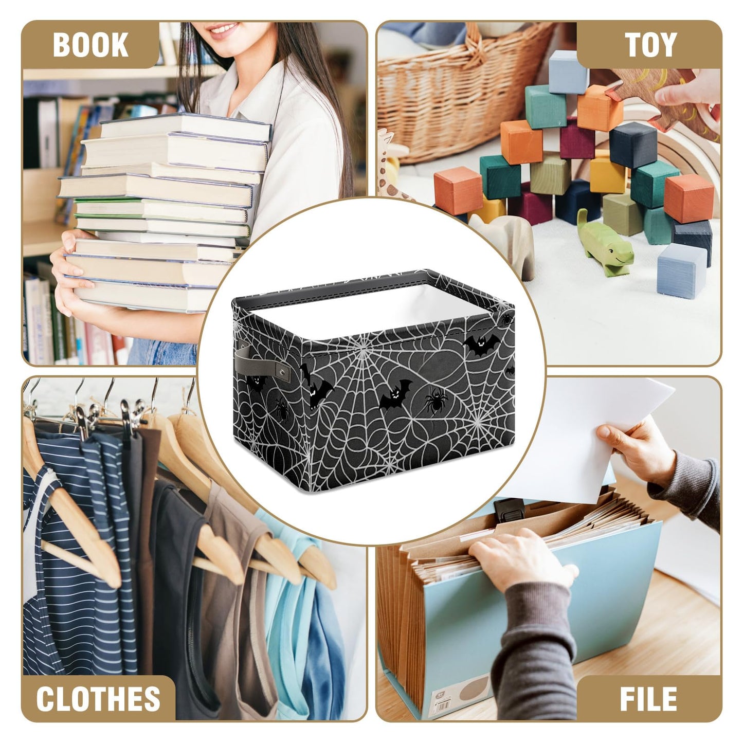 AHENGPAIG Halloween Baskets,Spider Web Bat Storage Bins with Handles for Men, Foldable Organizer Storage Boxes 14 x 10 x 8