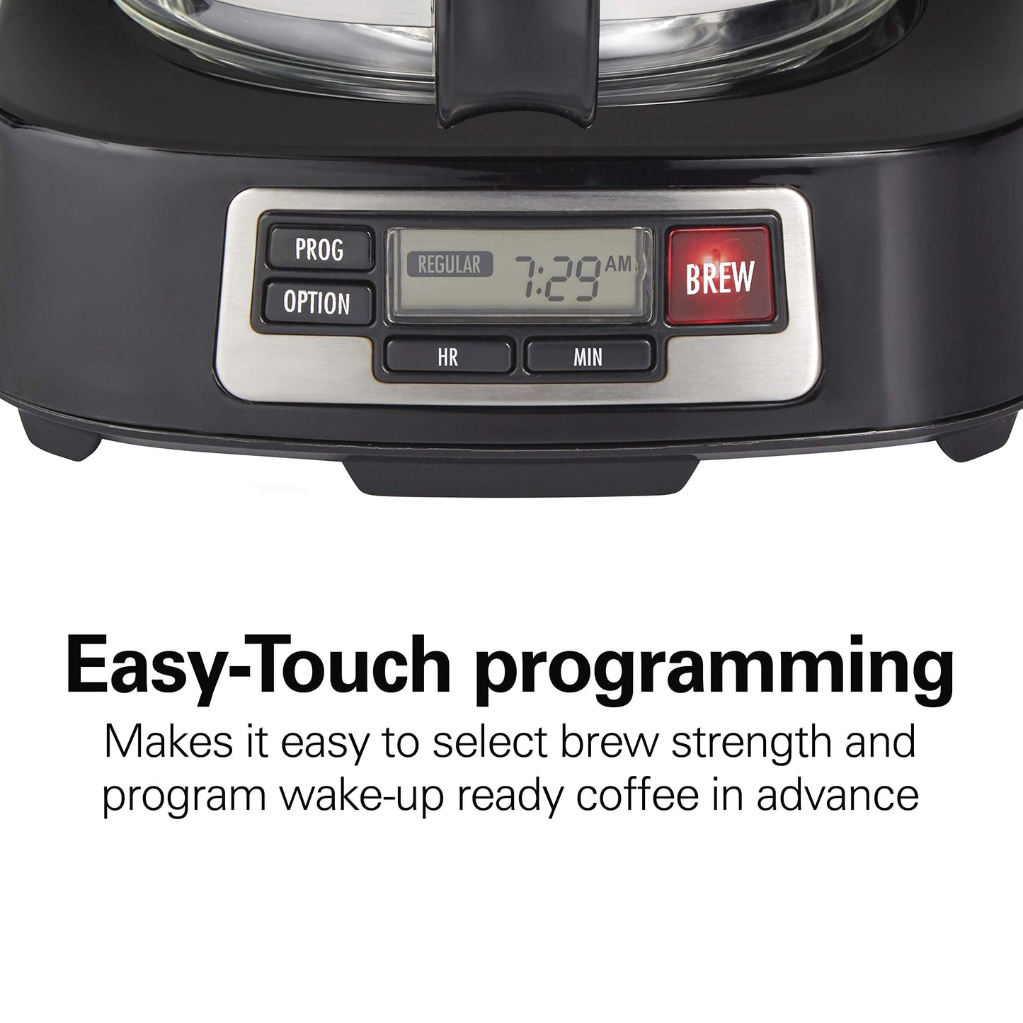 Hamilton Beach 5 Cup Drip Coffee Maker with Easy FrontFill Basket, Compact Design, Programmable Clock, Glass Carafe, Auto Pause and Pour, Black & Stainless Steel (46111)