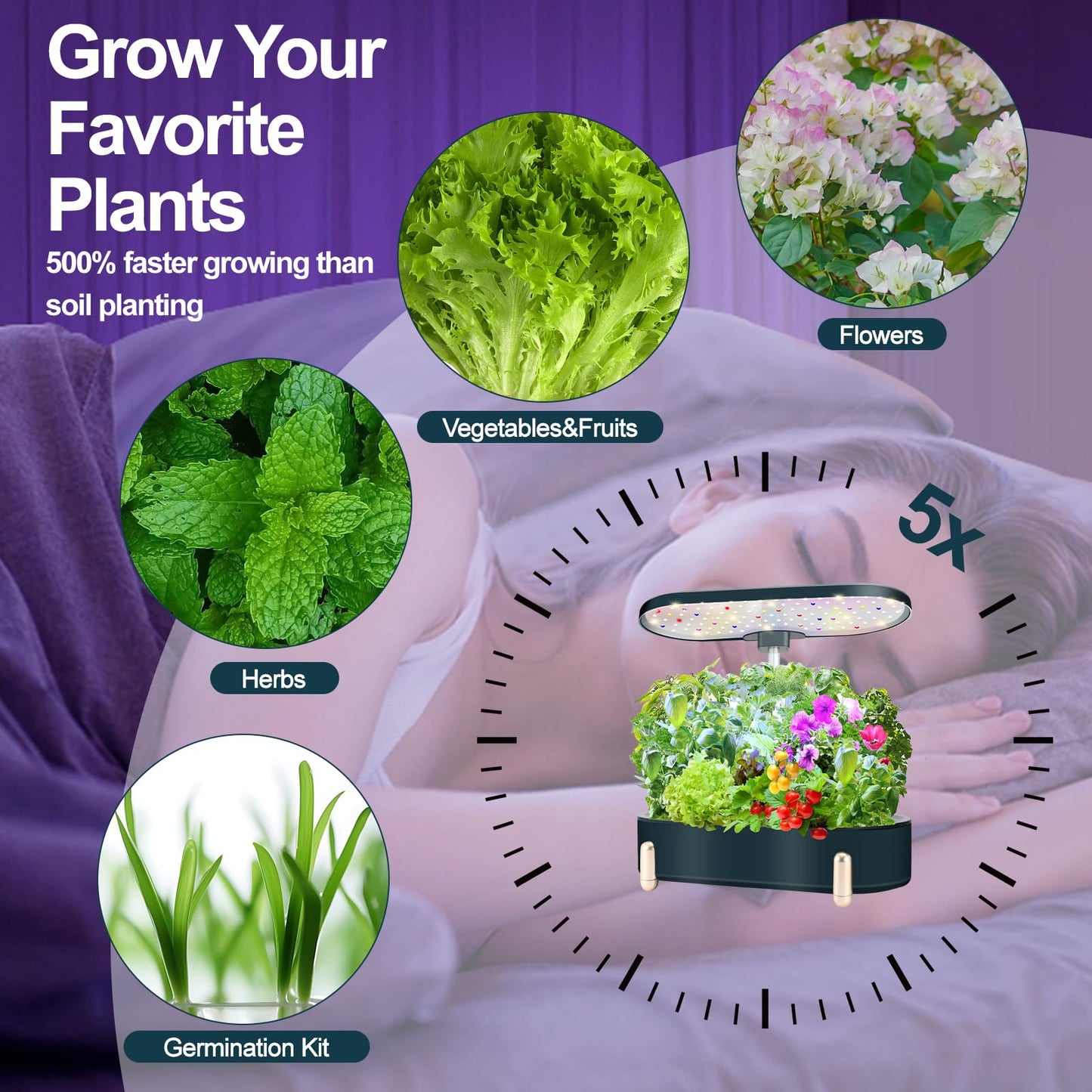 Indoor Garden Hydroponics Growing System12 Pods Plant Germination Kit Aeroponic Herb Vegetable Growth Lamp Countertop with LED Grow Light Hydrophonic Planter Grower Automatic Water Circulation (Green)