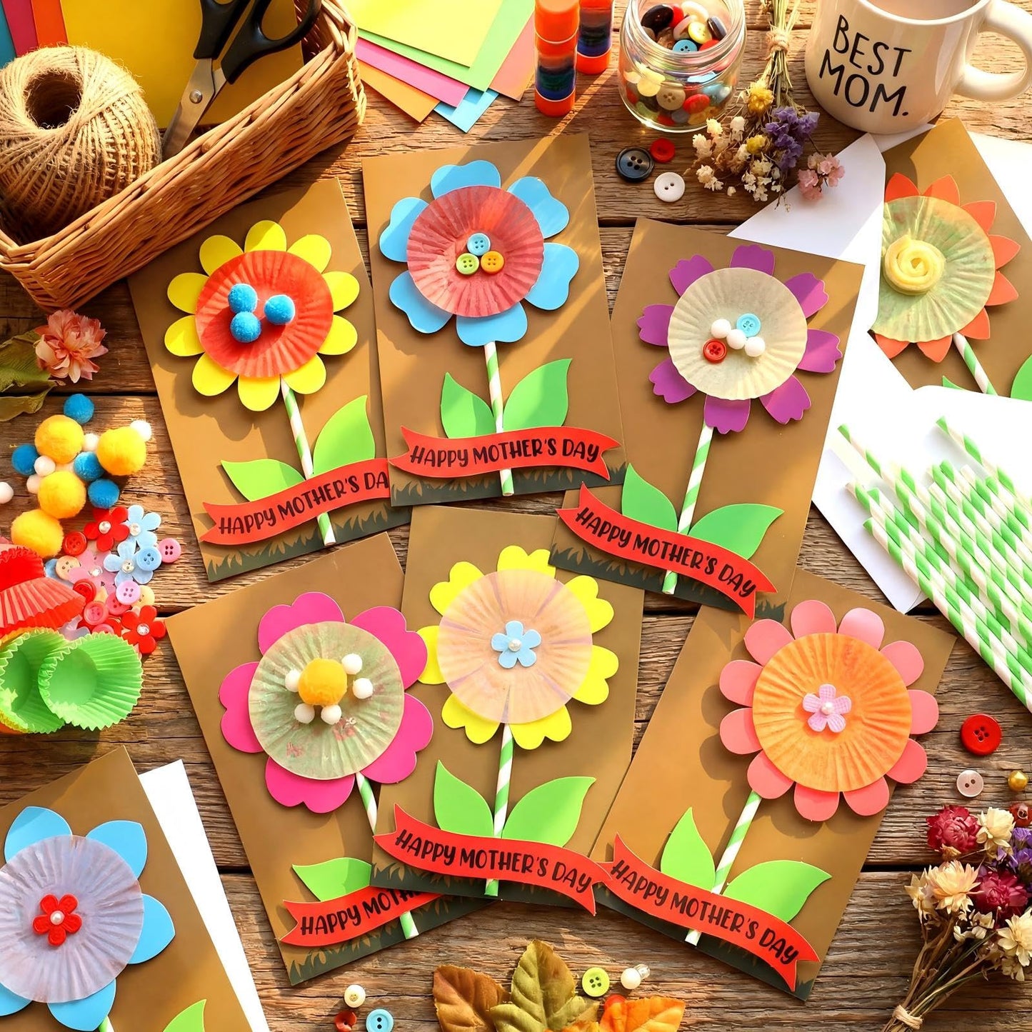 Engrowtic 48 Pcs DIY Mother's Day Flower Craft Kit Happy Mother's Day Card Making Kit with Blessing Message Envelope Make Your Own Flower Greeting Card for Gifts Classroom School Home Activities