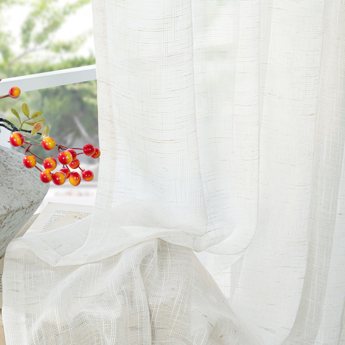 Linen Semi Sheer Curtains 40 Inch Length for Kitchen Window (2 Count)