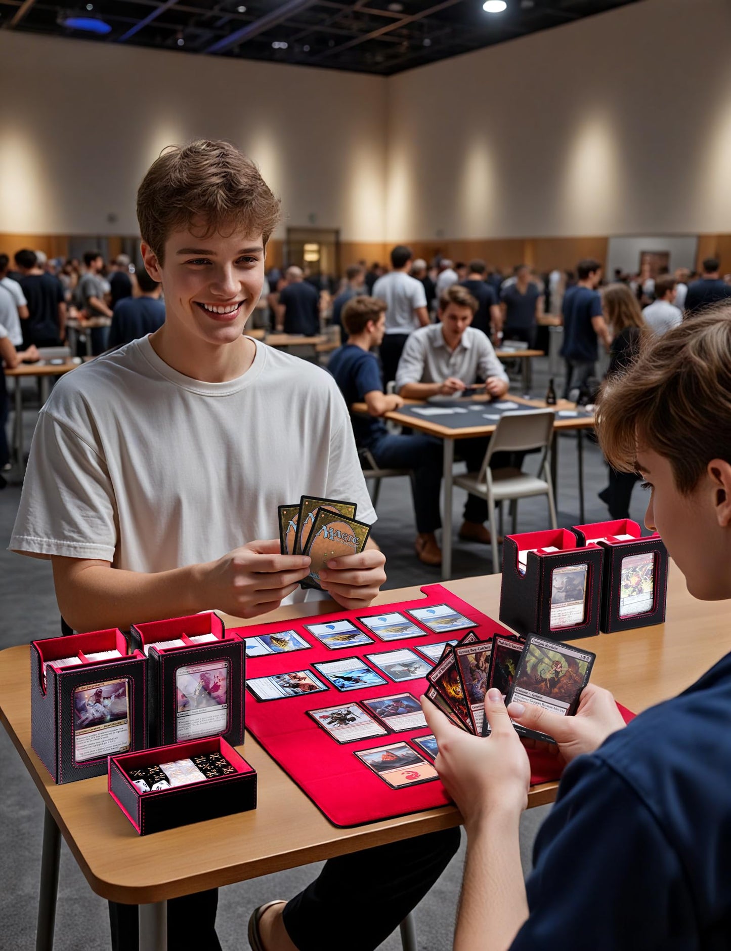 UAONO Card Deck Box for MTG with Commander Display, 5 in 1 Card Deck Case Holds 800+ Unsleeved Cards, Strong Magnet Organizer Compatible with Yugioh TCG Sports Cards (Black&Red)
