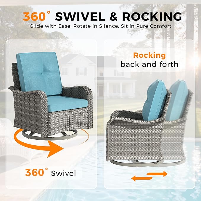 14-Seat Outdoor Wicker Patio Furniture Set with Fire Pit Table, Modular Rattan Sectional Sofa & 2 Swivel Rocking Chairs, 4" Thick Cushions, Rust-Resistant Frame,Blue