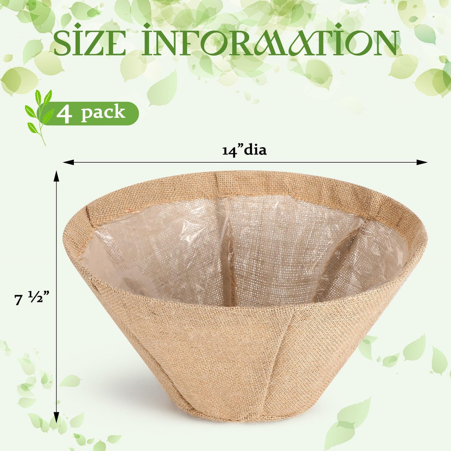 Novabright 4 Pack Round Burlap Liners with Drainage Hole and Plastic Interior Liner 14 Inch Rustic Burlap Planter Liner for 14" Diameter Hanging Baskets