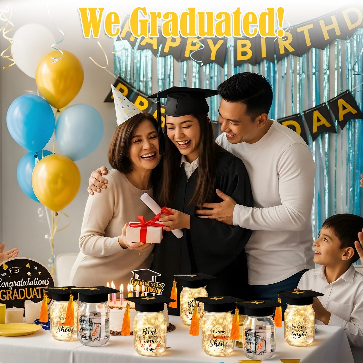 Hushee 6 Set Graduation Mason Jar for Table Centerpieces, Decorative Mason Jar with LED Light and Graduation Caps, Class of 2026 Gifts bulk for High School College Congrats Party Decor