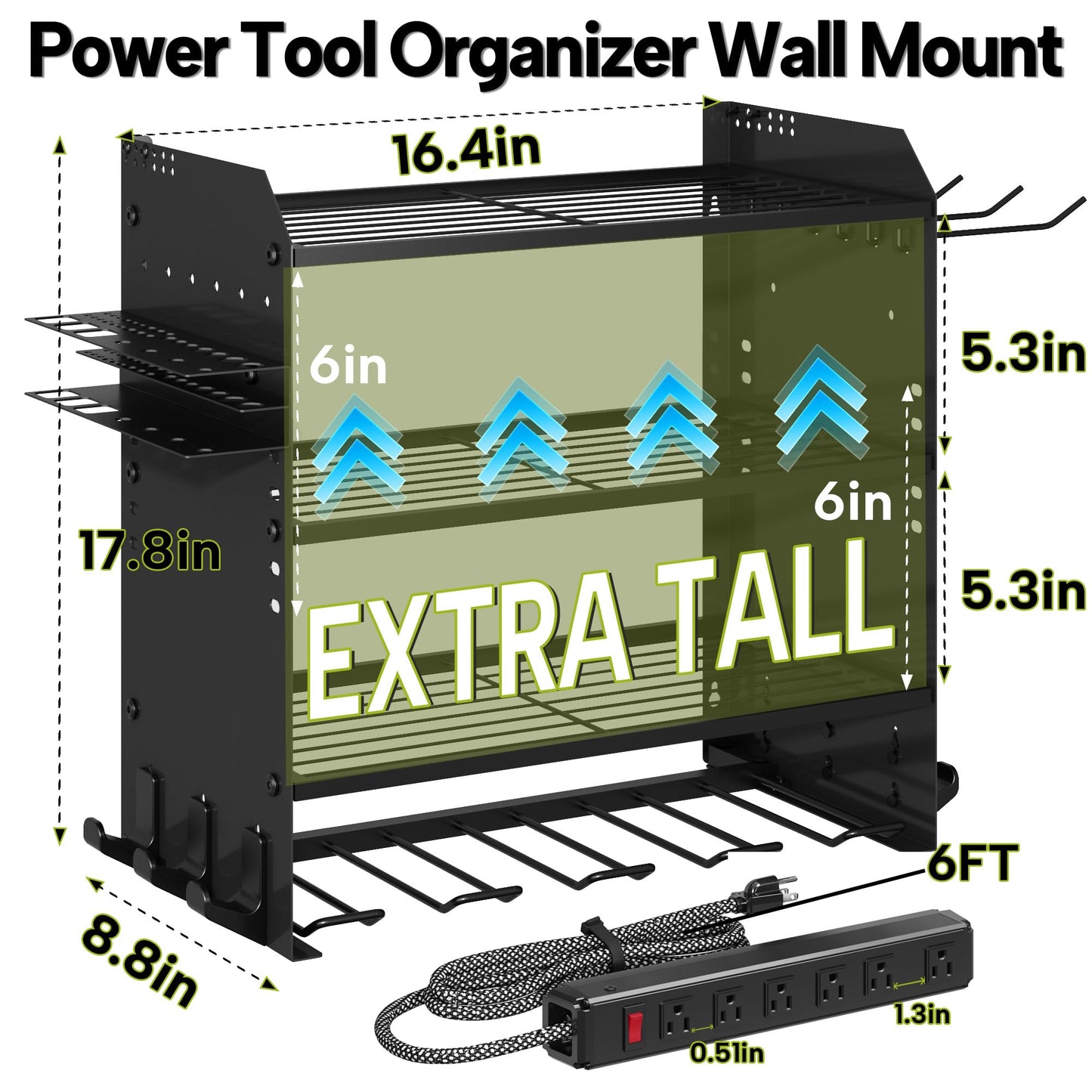 CFMASTER 4 Layer Heavy Duty Power Tool Organizer Wall Mount with Charging Station, Adjustable Metal Storage Rack, 6 Outlets Strip, Drill Holders, Hooks & Drill Bit Rack for Garage, Workshop, Black