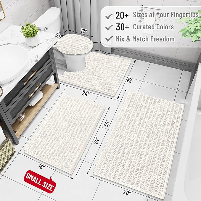 Arotive Luxury Chenille Bathroom Rug Mat, Extra Soft Thick Absorbent Shaggy Bath Rugs, Non-Slip Machine Wash Dry, Plush Bath Mats for Bathroom, Shower and Tub, 30x17, Ivory