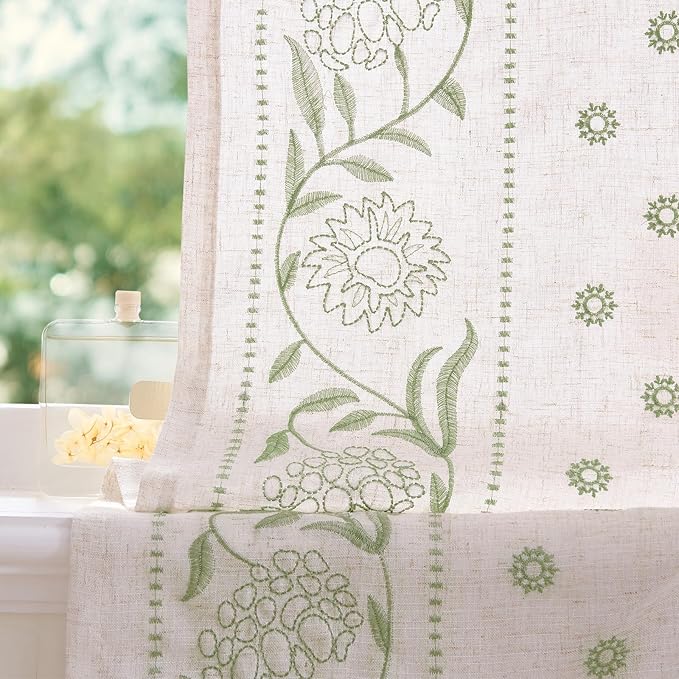 jinchan Winslow Linen Curtains 54 Inch Length Small Window Curtains Embroidered Bordered Floral Drapes Light Filtering for Bathroom Laundry Room Kitchen Farmhouse Decor Sage on Beige 2 Panels