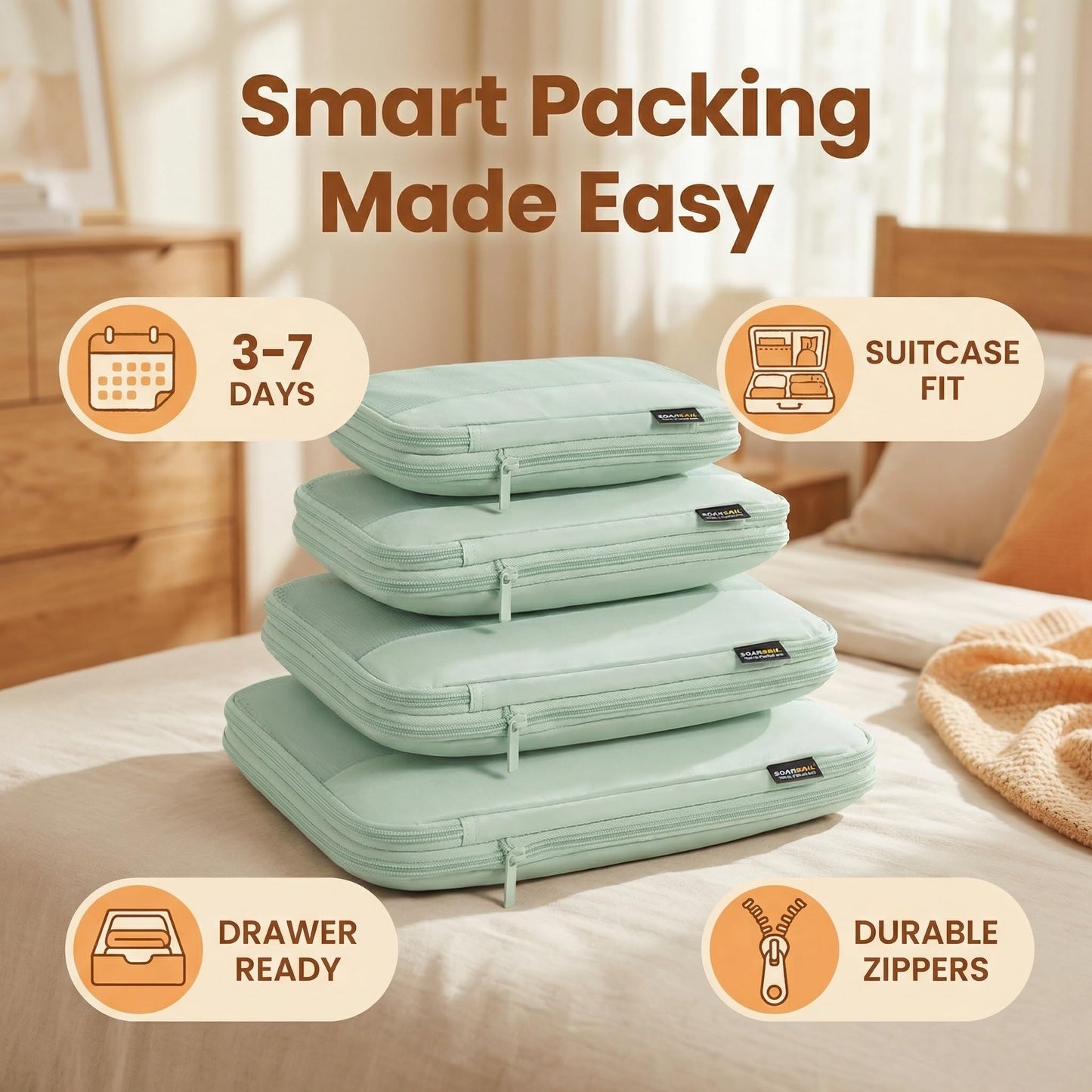 SOARSAIL 4 Piece Compression Packing Cubes for 3–7 Day Travel, Lightweight Travel Organizers with Breathable Mesh, Double-Zipper Packing Cubes for Carry-On & Suitcases (Light Green)