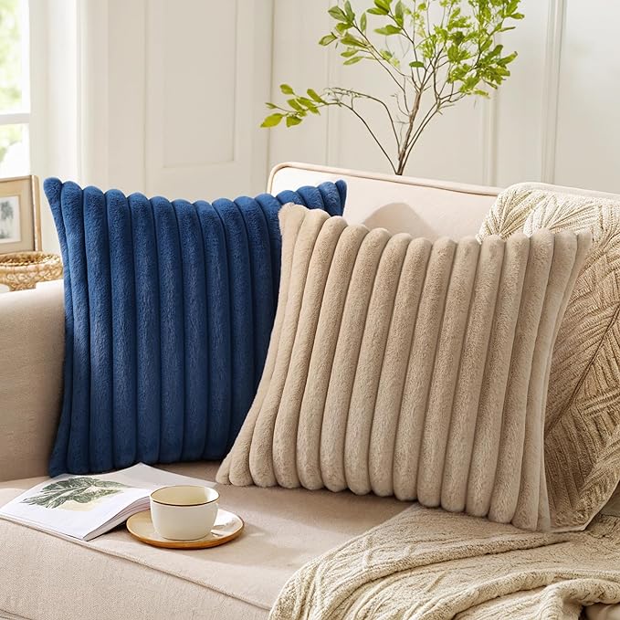 Pallene Faux Fur Plush Throw Pillow Covers 24x24 Set of 2, Luxury Soft Fluffy Striped Decorative Pillow Covers for Sofa, Couch, Living Room, Navy Blue