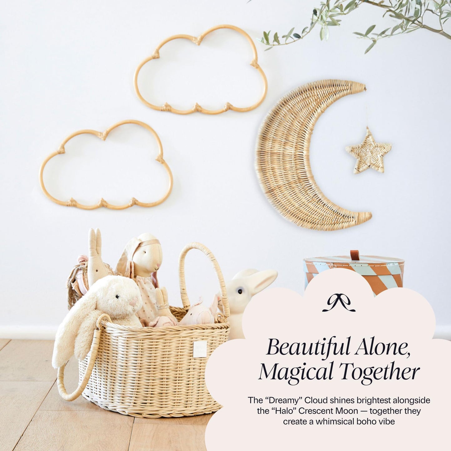 BEBE BASK Handmade Wicker Cloud Décor Set of 2 - Rattan Cloud Decorations - Décor for Bedroom and Baby Nursery Wall - for Girls Room