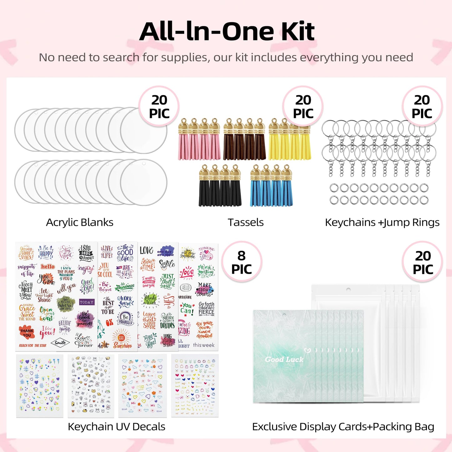 Acrylic Keychain Blank Set,128 Pcs Key Chain DIY Kit with Clear Circle Blank,Keychain Ring,Display Card,Packing Bag,Jump Ring,Tassel,Vinyl Encourage Phrase Sticker for Craft Employee Appreciation Gift