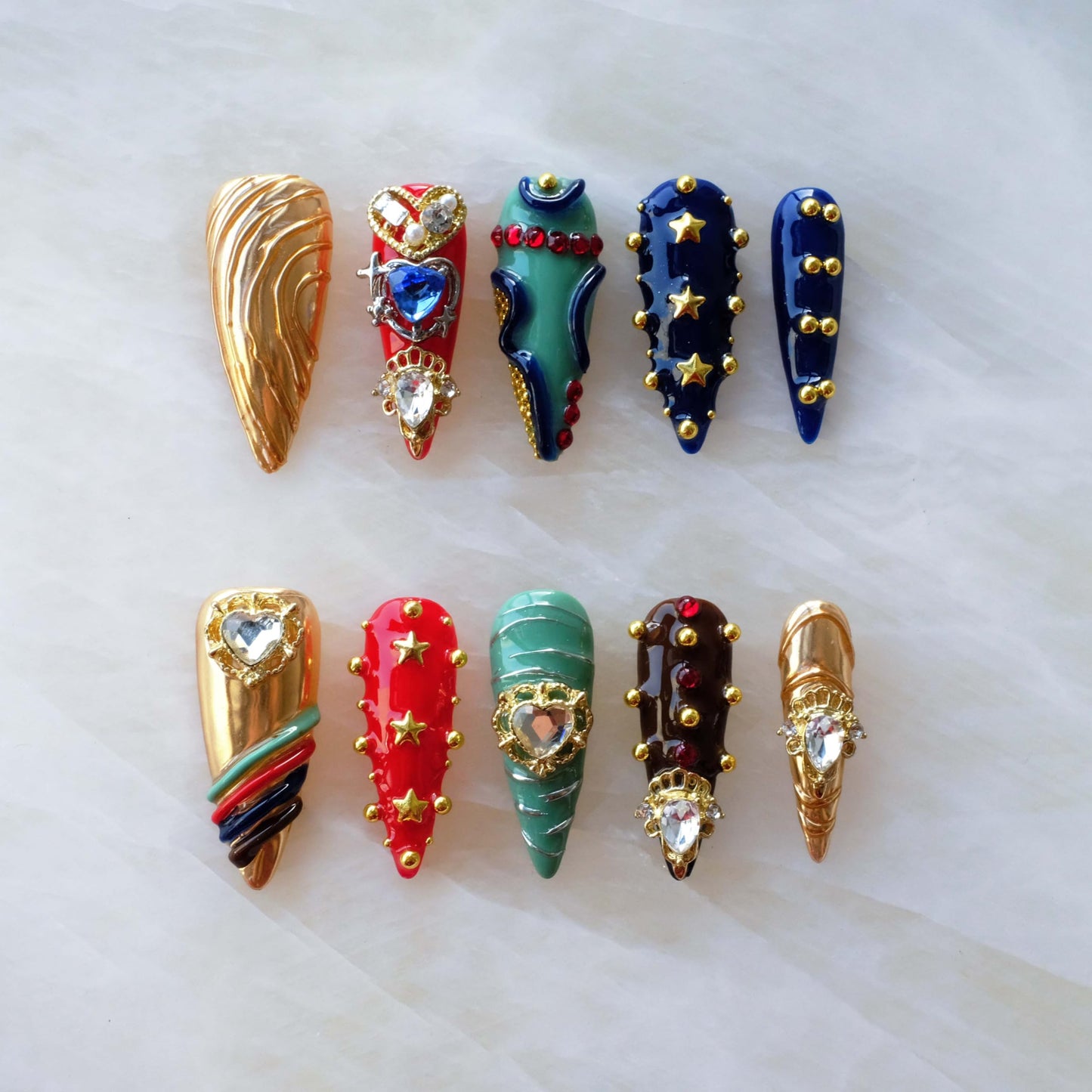 GLORS Luxury Handmade Press On Nails, Vintage Bohemian Style, Long Stiletto Shape, Crystal Heart Gems, Gold Stars Design, 10 Pieces (Small, LS)