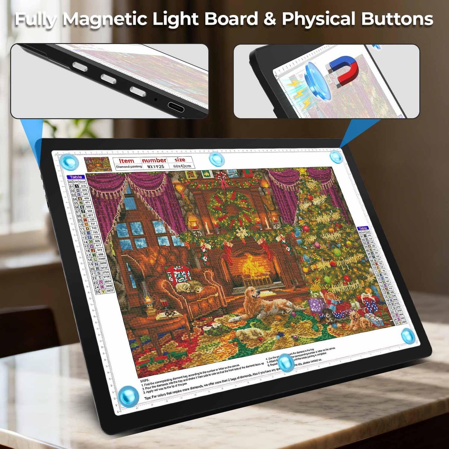 Heanolier Rechargeable A2(25.2" x 18.4") Light pad for Diamond Painting,Magnetic Light Board with Side Buttons,3 Color/6 Level Dimming,Wireless Light Box for Tracing,Light Table for Sketching,Drawing