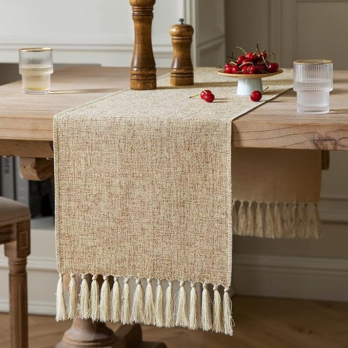 ZeeMart Beige Table Runners 48 Inches Long, Burlap Linen Style Rustic Farmhouse Table Runner, Small Short Boho Coffee Table Runner, 13x48 Inches, Oatmeal Beige