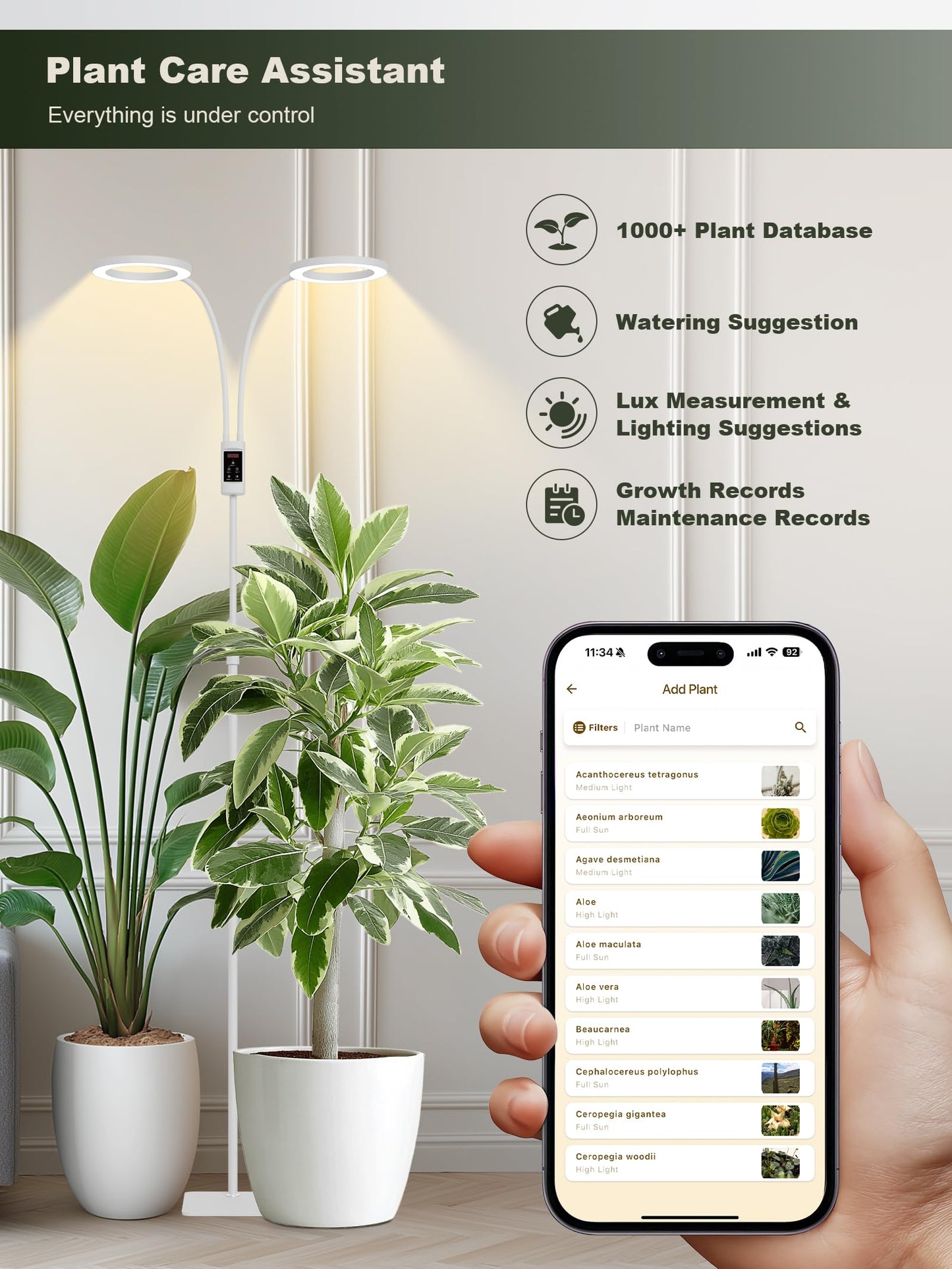 GLOWRIUM Smart Grow Lights for Indoor Plants, 48W Full Spectrum Plant Lights with Bluetooth App, Adjustable Height 47-70.9", Auto Timer, Indoor Plant Lamp for Large Tall Plants（White 48W）