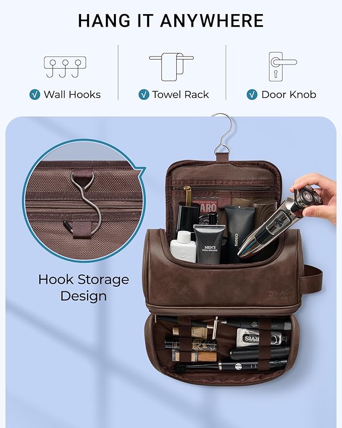 Elviros Toiletry Bag for Mens PU Leather Travel Organizer Kit with Hanging hook, Large Water-resistant Toiletries Bathroom Shaving Bags (Coffee)