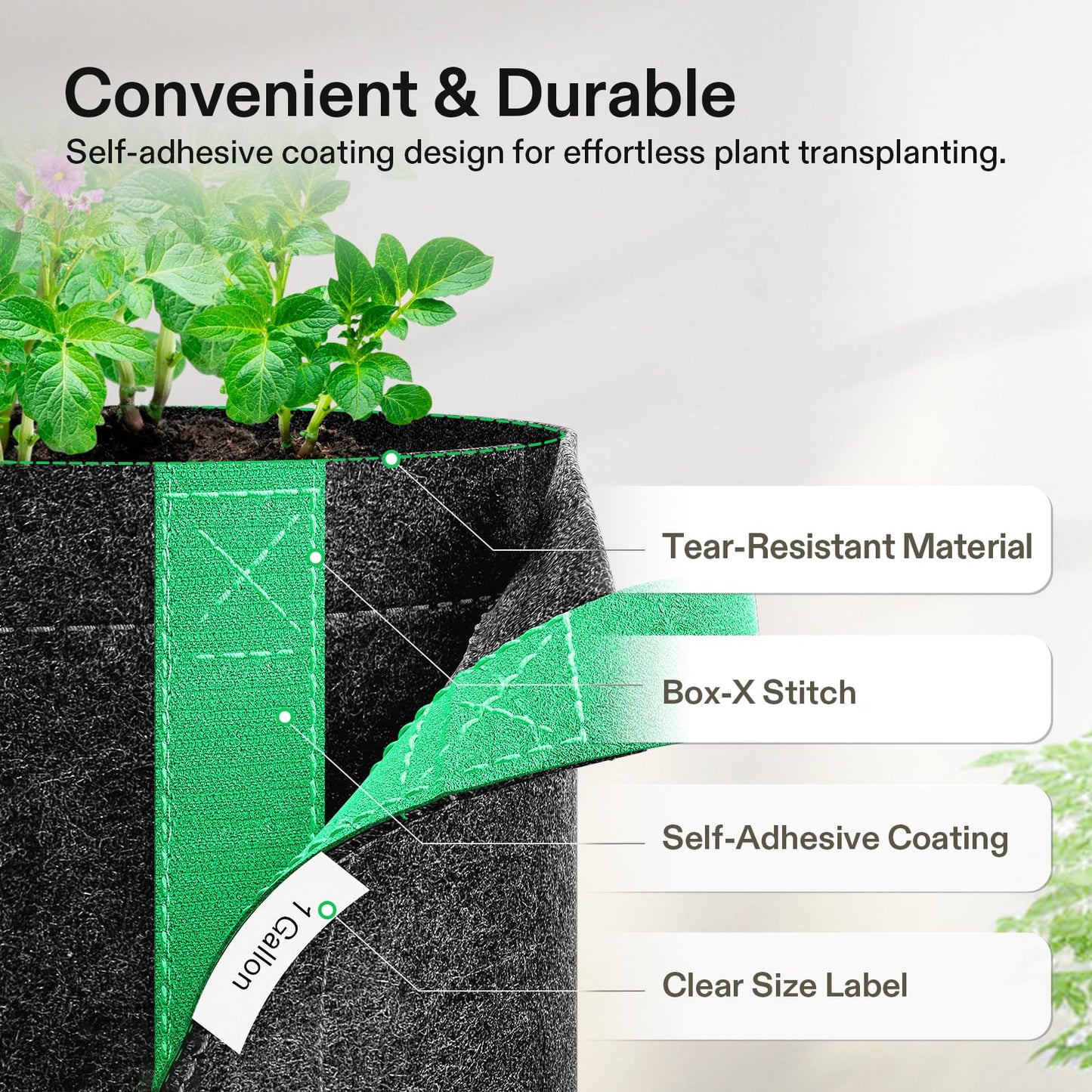 VIVOSUN 5-Pack 1 Gallon Grow Bags, Fabric Pots with Self-Adhesion Sides for Transplanting