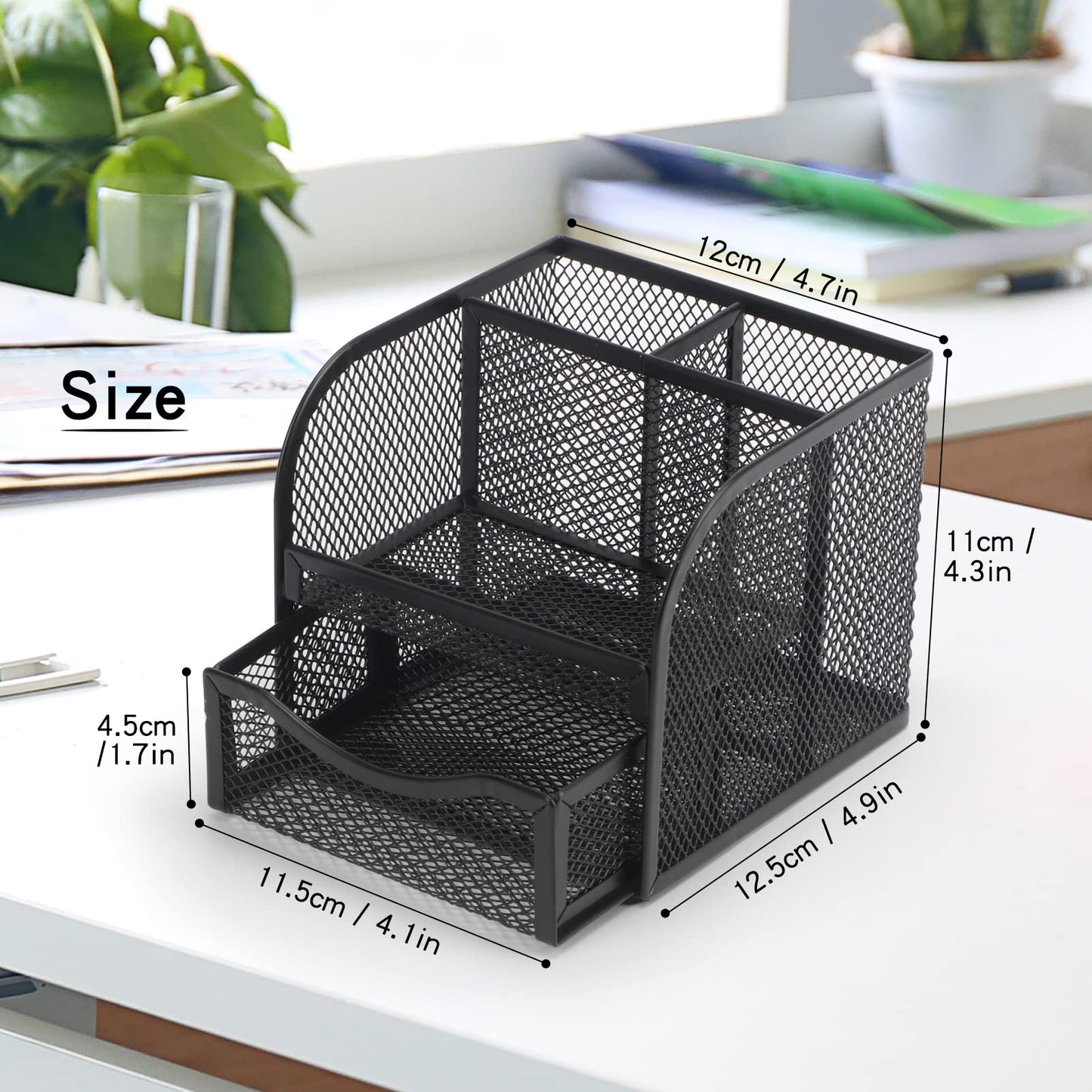 BiSiViO Mesh Desk Organizer, Metal Pencil Holder, Pen Holder for Desk with Drawer, Desktop Accessories, Multi-functional Caddy Pen Organizers with 3 Compartments for Office Art Supplies - Black