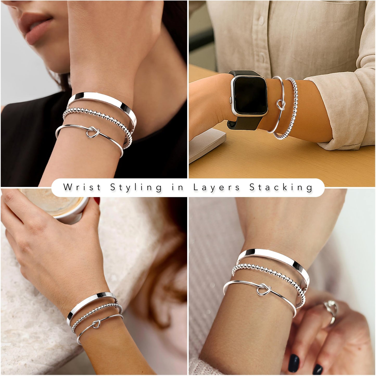 Poxtex Silver Cuff Bracelets Set for Women, Silver Bangle Link Chain Bracelets, Trendy Stackable Waterproof Jewelry Gifts Adjustable