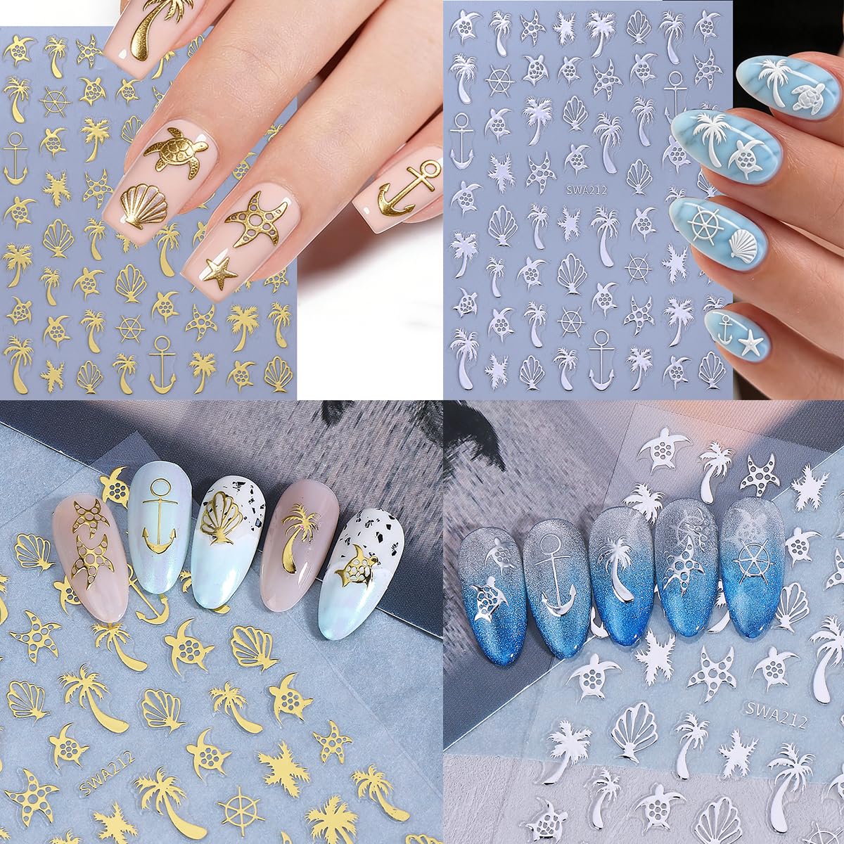 Summer Beach Nail Stickers 8 Sheets - Starfish, Sea Turtle, Palm, Fish & Whale Design, Self-Adhesive Nail Decals for Women, DIY Manicure Supplies