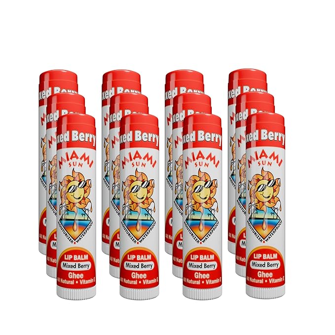 Miami Sun Natural Ghee Lip Balm, Hydrating Lip Treatment with Shea Butter & Beeswax, Organic & Non-Toxic, Best for Dry, Chapped Lips - Moisturizing, Healing, Chemical-Free Care (12 Count, Mixed Berry)