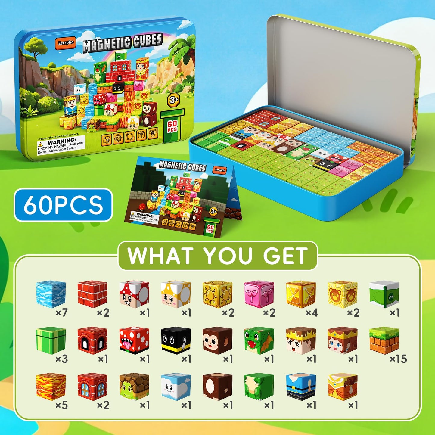Zerxpho 60PCS Mini Magnetic Building Cubes Set, Adventure-themed Magnetic Blocks, Portable Magnetic Travel Blocks with Iron Case, Educational Toy for Kids STEM & Construction Learning for Kids Aged 3+