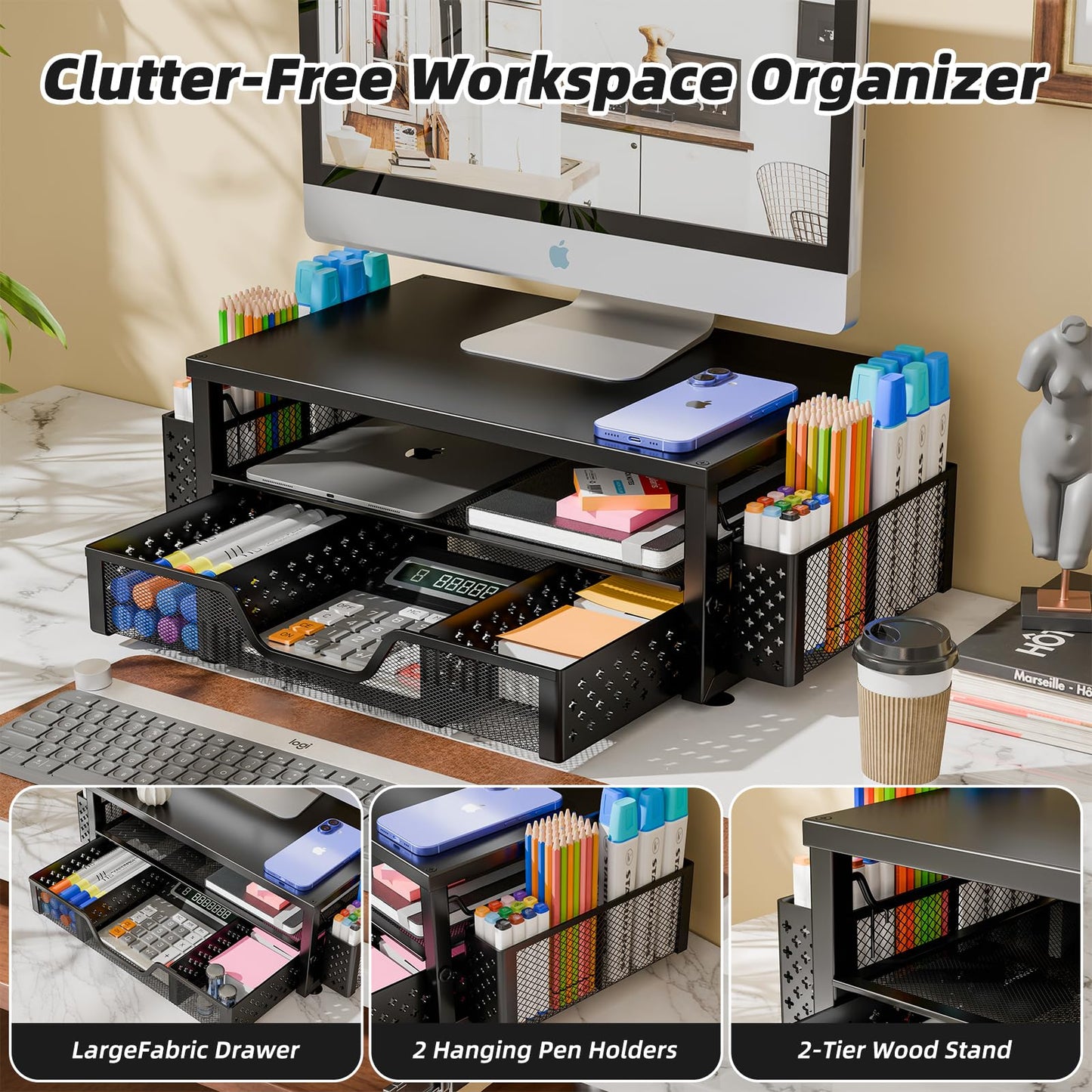 Simple Trending Desk Organizer and Accessories, 2-Tier Computer Monitor Stand Riser with Drawer and 2 Pen Holders for Office Supplies, Black