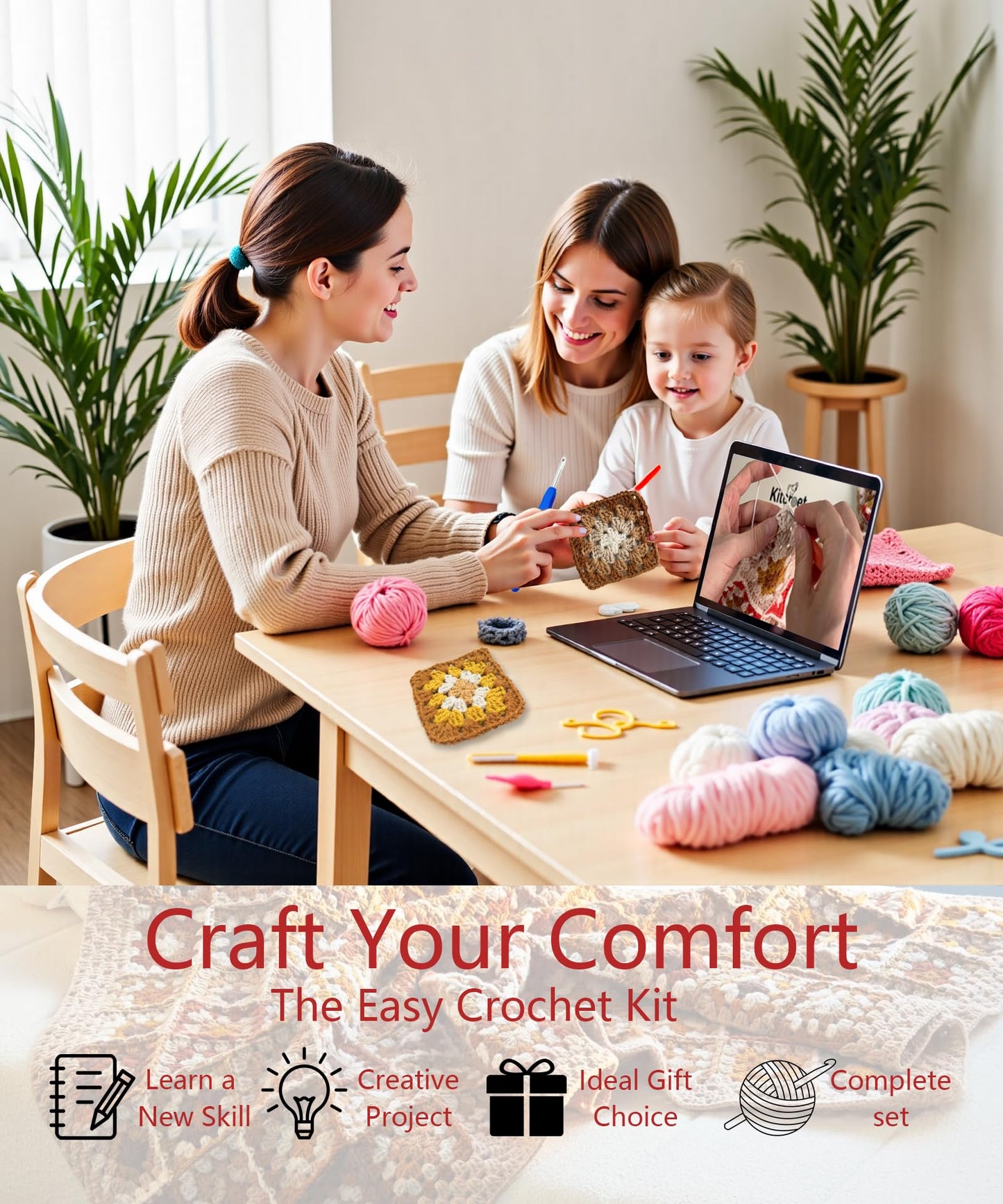 Kitcroet Crochet Kit, Complete Starter Kit for Beginners, Large Granny Squares Blanket with Video & Writtern Instructions, Easy to Learn Crochet Kit