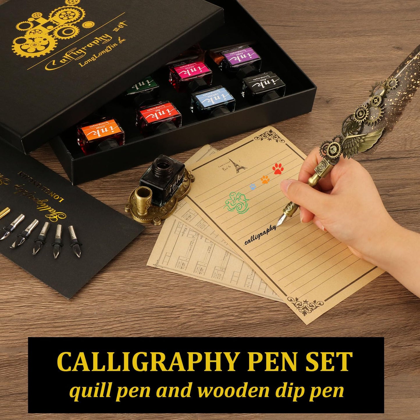 LongLongJin Calligraphy Pens and Ink Set - Calligraphy Kits for Beginners,Quill Pen Includes Dip Pen,8*Colors Ink,11*Calligraphy Pen Nibs（Grey）