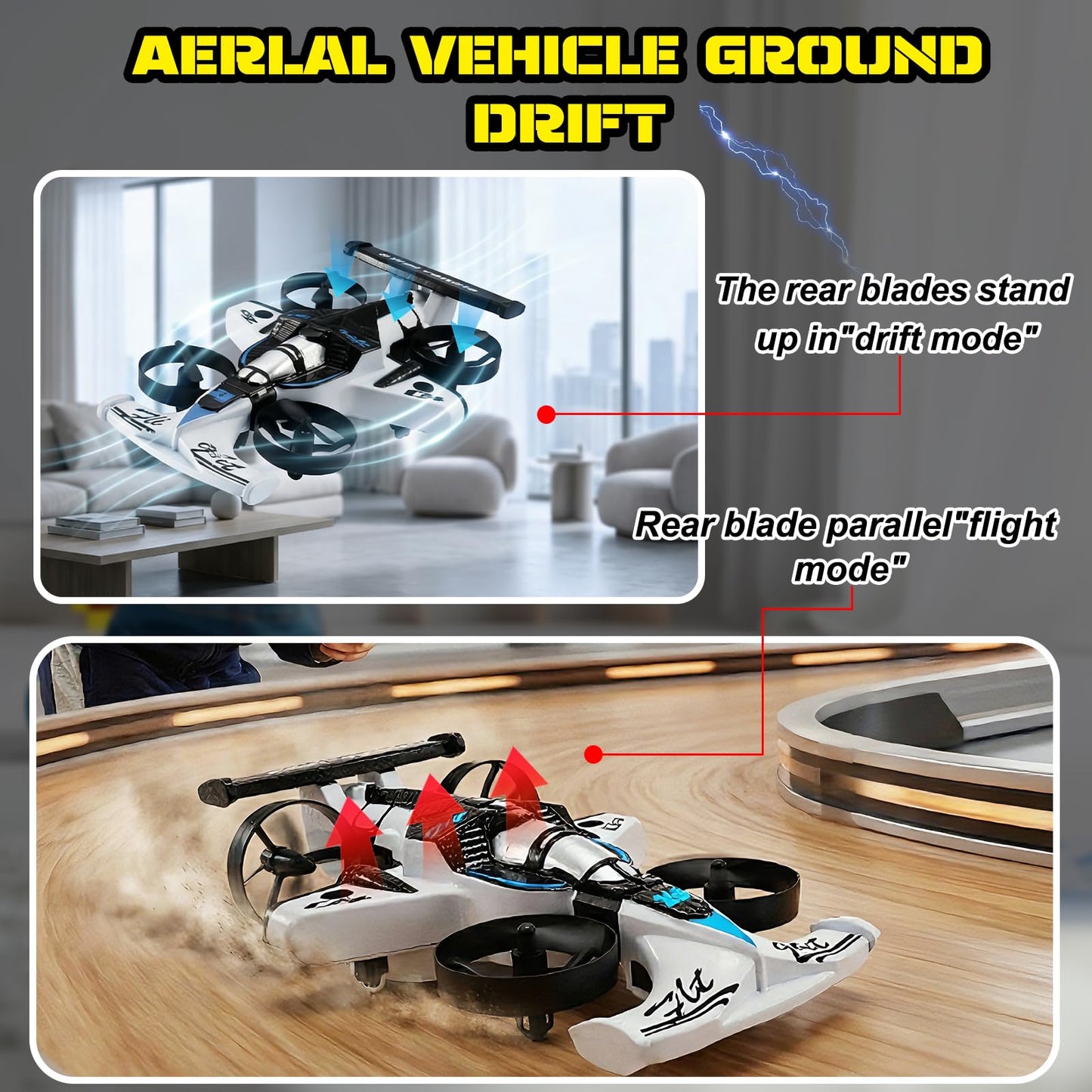 2-in-1 Flying Car & Stunt Drone, Racing Drift Aircraft，2in1 RC Quadcopter & Flying Car Toys for Age 14 Boys Small Micro Indoor Remote Control Flying Car Toy (White)
