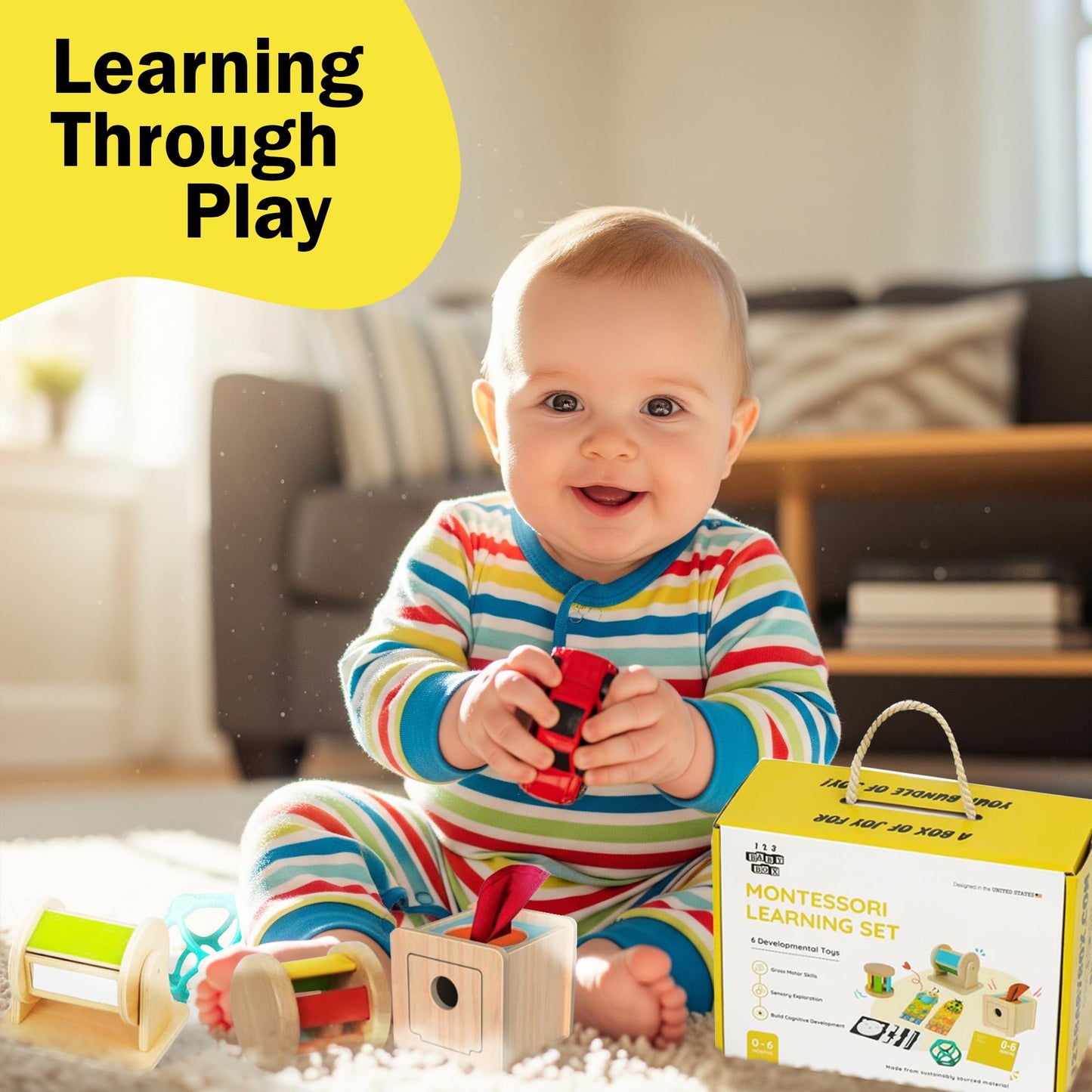 123 BABY BOX Montessori Toys for Babies 0-6 Months - 6-in-1 Educational Sensory Development Kit with Rolling Bell, Magic Tissue Box, Spinning Drum & More