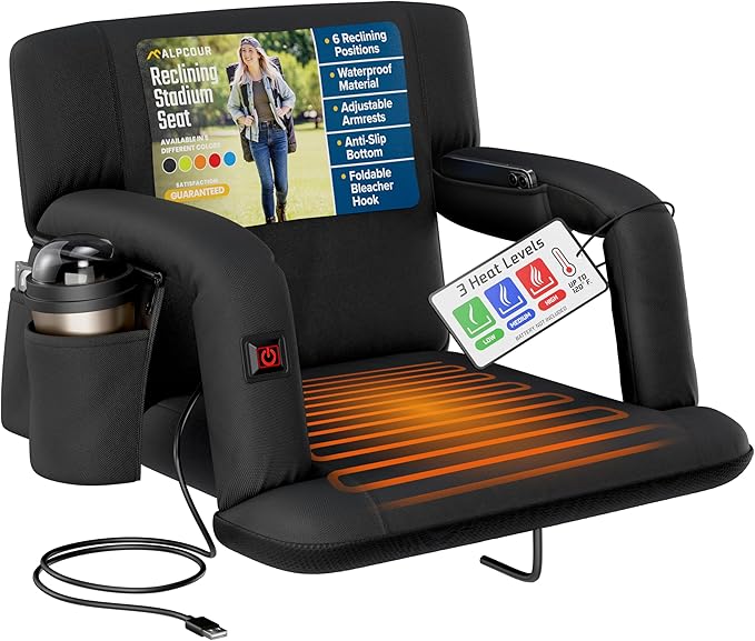 Alpcour Heated Reclining Stadium Seat for Bleachers – Wide Bleacher Chair with Back Support and Cushion, Armrests, Side Pockets, & Hook – Stadium Seats Chairs for Camping, Kayak, Paddle Board & More