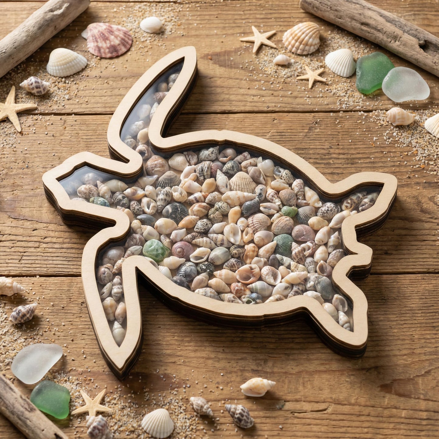 VERSRH Turtle Shell Collection Box - Wooden Sea Handcrafted Coastal Decor Display Case with Clear Acrylic Panel for Seashells Sea Glass Beach House Decor Memory Keepsake & Vacation Gift