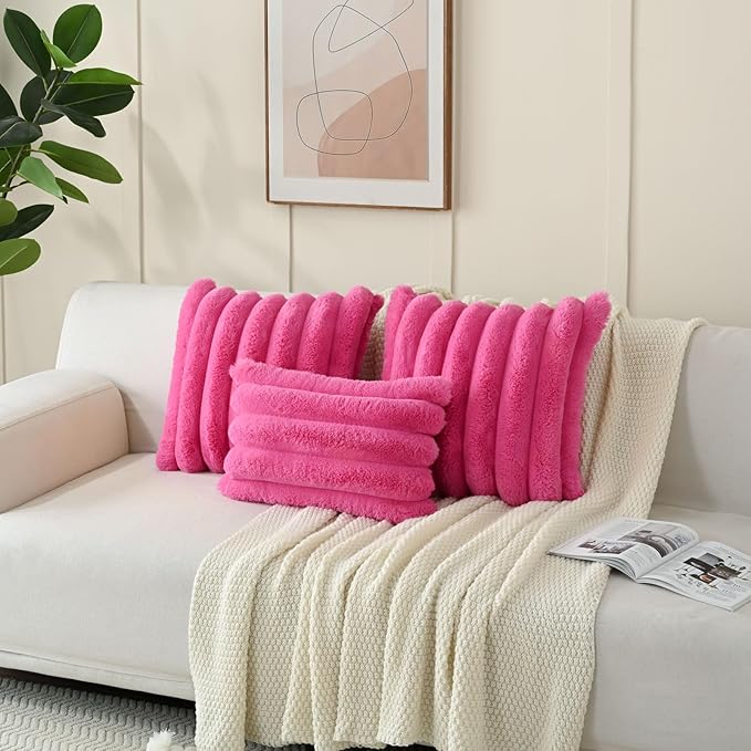 FUTEI Hot Pink Decorative Throw Pillow Covers 22x22 Inch Set of 2, Square Soft Faux Rabbit Fur Thick Striped Cushion Cover,Winter Home Decor for Couch Bed Living Room
