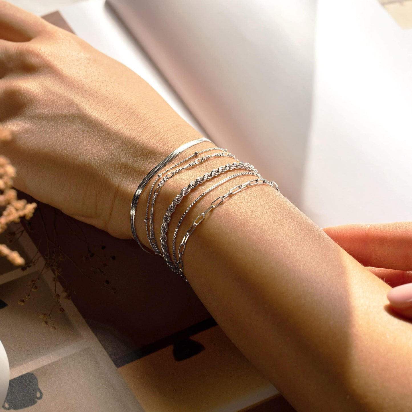 DEARMAY Silver Plated Bracelets for Women Dainty Silver Jewelry Sets Trendy Stackable Paperclip Rope Snake Box Figaro Chain Bracelets Pack Costume Fashion Gifts