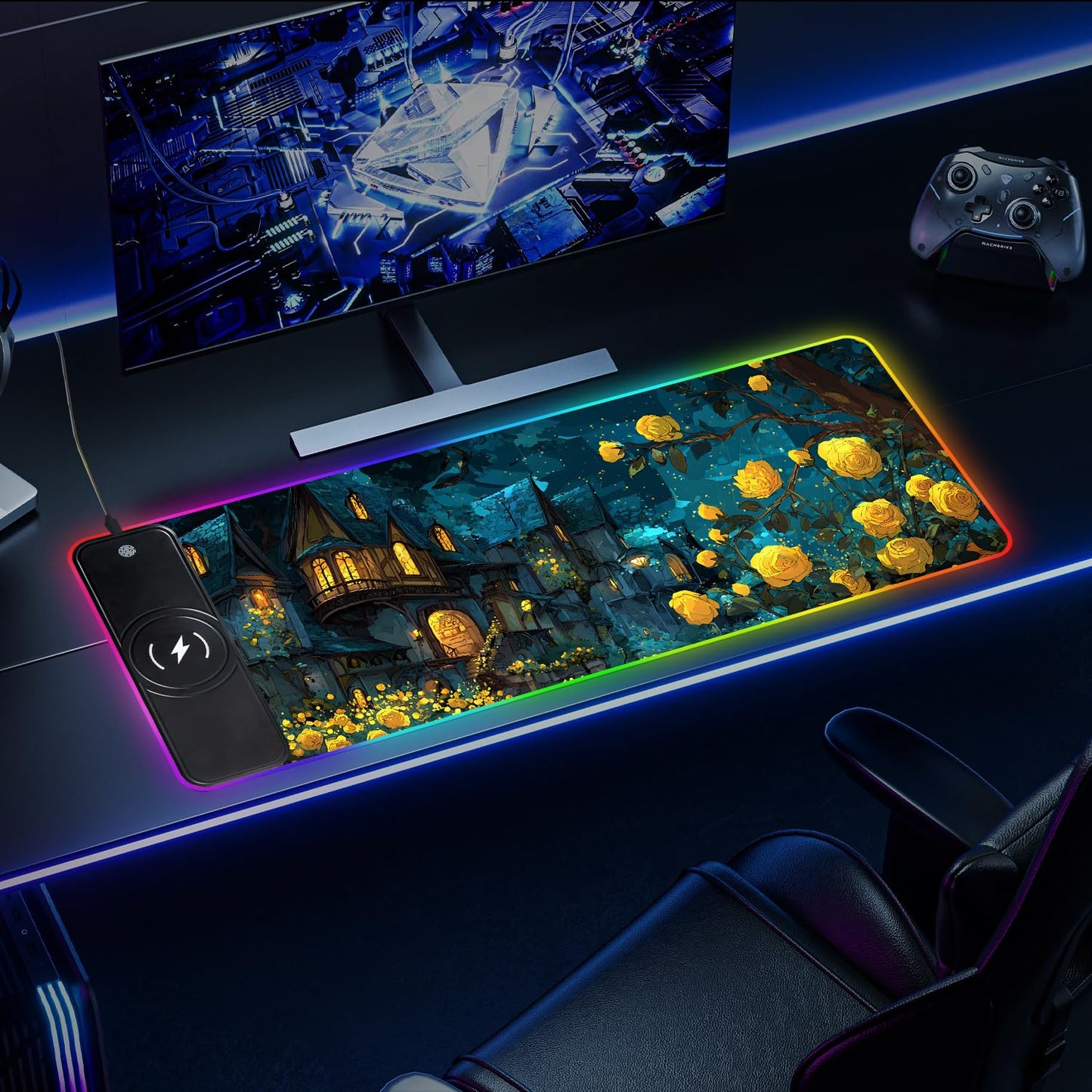 Wireless Charging RGB Gaming Mouse Pad, 31.5 x 11.8 Inch Extended Mouse Mat with Fantasy Castle & Rose Design, LED Desk Pad with 7 Lighting Modes, Non-Slip Base for Gaming & Office