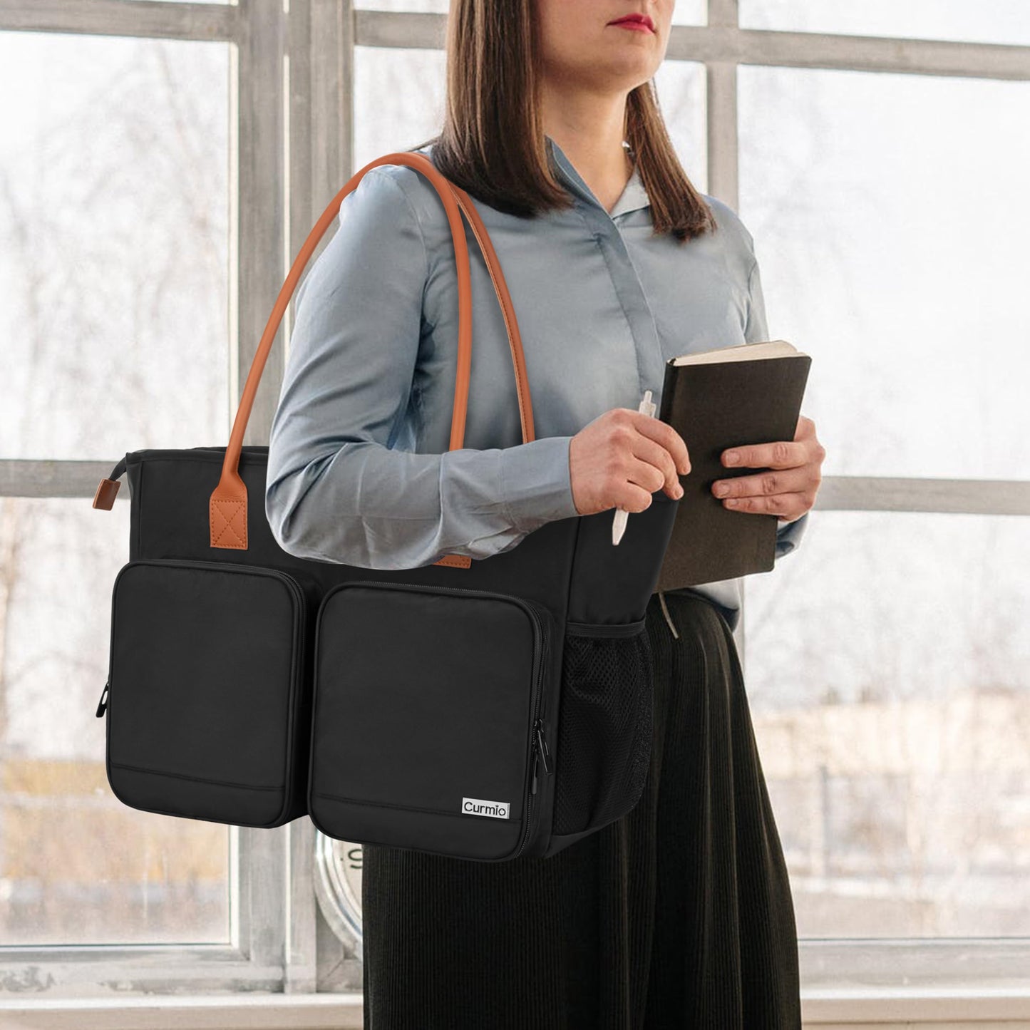 CURMIO Teacher Tote Bag for Women, Large Work Tote for Teachers, Laptop Messenger Bag for School, Black (Bag Only)