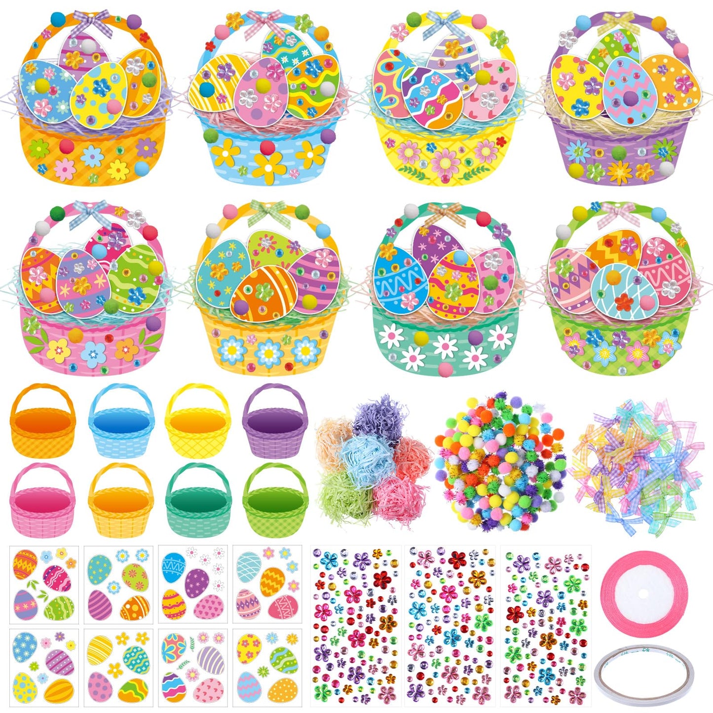 Funrous 48 Sets Easter Crafts Kit Easter Basket Egg Paper Crafts DIY Make Your Own Basket Hanging Ornaments Decorations with Pompoms Diamond Stickers Spring Classroom Activity Arts Gifts Party Favors