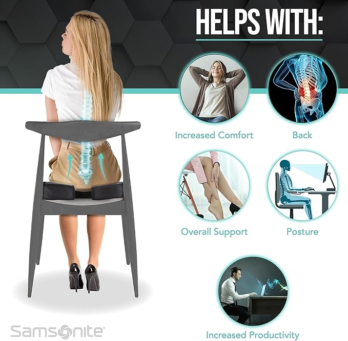 Samsonite Orthopedic Seat Cushion – Premium Memory Foam Ergonomic Seat Cushion for Office Chair, Car, Desk & Gaming – Pressure Relief for Sciatica, Tailbone, Hip & Back Pain with Non-Slip Cover